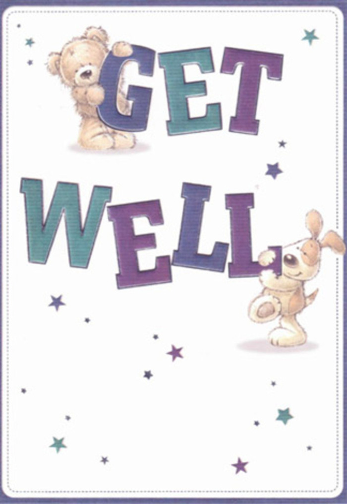 This get well card celebrates gentle encouragement and heartfelt care, gracefully illustrated by a friendly bear and a playful puppy who flank the bold, confident message, 'Get Well.' The luminous purples and aquas used in the lettering ground the artwork in cheerful reassurance, while playful stars orbit the characters, as if scattering warm wishes across the peaceful white backdrop. There's a sense of touch woven throughout-the bear's gently shaded fur and the puppy's velvety ears seeming almost within reach, much like tracing petals in a bouquet arranged on London Road. The card's expressive faces and balanced composition are reminiscent of the expert attention given by Florist Forest Hill to every arrangement, ensuring kindness shines through. Together, this card and a bouquet would create a radiance of positivity for anyone in need-whether recuperating near Honor Oak Park or simply deserving of a smile. The entire scene is light, airy, and filled with heartfelt intent, promising to lift spirits throughout Forest Hill.