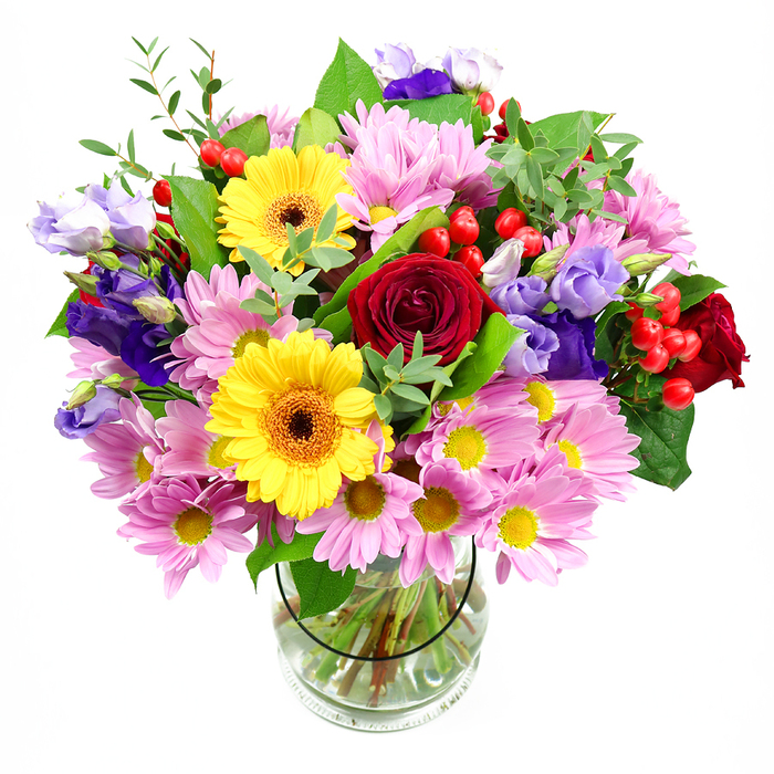 A full, dome-shaped bouquet sits confidently in a clear glass vase, framed by a white background that lets the intricate interplay of colours and textures take centre stage, much like a feature arrangement in a Forest Hill townhouse. At the core of the design, deep red roses bloom in rich, velvety layers, lending depth, emotion, and classic elegance. Radiating from near the centre, two bright yellow gerbera daisies with dark brown-orange hearts add a joyful, sunlit quality, immediately brightening the overall mood. Wrapped around these focal flowers is a generous layer of soft pink and pale lavender daisies or chrysanthemums, their many fine petals and tiny yellow centres forming a plush, rounded cushion that expands the bouquet and softens its edges. Among the daisies, lisianthus in shades of purple and delicate lilac rise in gentle curves, each bell-shaped flower adding airy height, movement, and cool sophistication to the warmer reds and yellows. Dotting the arrangement, round red hypericum berries catch the eye with their polished surfaces and berry-like clusters, introducing playful texture and a hint of festivity. The whole composition is bound together by varied green foliage: glossy, deeper-toned leaves provide structure and contrast, while slimmer, bright green stems and sprigs create a loose, natural feel, as if the flowers had just been gathered from a garden near Horniman Gardens or along the tree-lined roads of Honor Oak. The transparent vase reveals neatly trimmed stems in clear water, underscoring the florist's skill and methodical care. The bouquet exudes warmth, optimism, and celebration, making it perfect for birthdays, thank-you gestures, or simply lighting up a Forest Hill dining table with a burst of seasonal beauty.