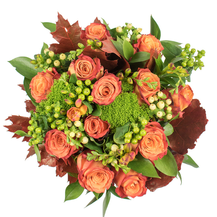 Captured from a top-down perspective on a pale white field, this dense, circular bouquet reads like a miniature autumn landscape shaped by careful florist hands. The composition is dominated by many fully bloomed roses whose petals graduate from a tender peach at their cores to richer orange and coral mid-tones, finishing with outer petals brushed in a rusty red that recalls fallen maple leaves. Interwoven between these roses are clusters of Hypericum berries-some bright, almost neon lime-green, others soft, creamy yellow-each small rounded berry adding a lively point of contrast and a subtly different surface sheen. Nestled amid the larger blooms are cushions of Green Trick dianthus, those curious, moss-like green buttons that provide both a textural surprise and a fresh, verdant counterbalance to the warmer tones. Scattered through the bouquet are larger lobed leaves in deep burgundy and russet, their dry, rustic aspect anchoring the design and reinforcing the harvest mood. A base of fresh green foliage, including broader glossy leaves, fills gaps and creates a sense of abundance and depth. Gentle lighting emphasizes the velvety petals and the soft shadows between layers, suggesting a quiet room warmed by late-afternoon sun-perhaps a flat near Forest Hill's High Street or a kitchen table on Dartmouth Road. The overall impression is comforting and convivial: a refined seasonal centerpiece for autumn celebrations, a thoughtful gift for anniversaries or harvest gatherings, and a floral expression of gratitude that brings the atmosphere of nearby parks and leafy streets indoors.